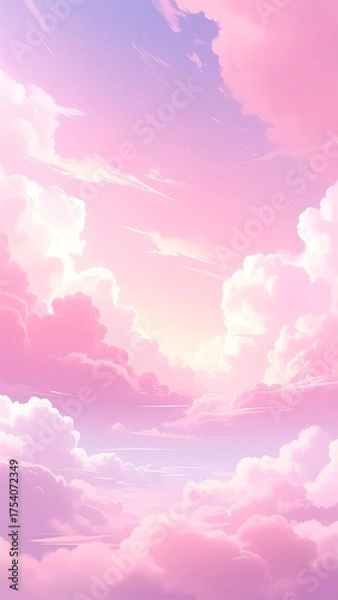 Fototapeta A vertical digital painting depicting a dreamy sky filled with soft, pastel-colored clouds