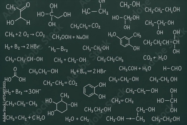 Fototapeta Organic chemistry formulas written on chalkboard with dark background, illustrating scientific education and molecular structure concept. Ai generative