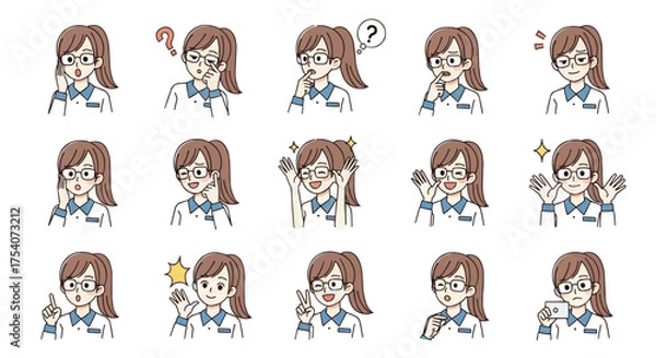 Obraz 眼鏡をかけた働くオシャレな若い女性の表情イラストセット