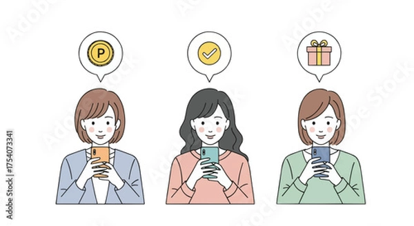 Obraz スマートフォンを操作するオシャレな若い女性3人のシンプルなベクターイラストセット