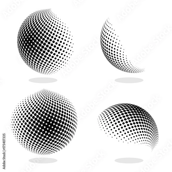 Fototapeta Abstract Globe Dotted Sphere. 3d Halftone Effect Vector Background. Black and White Set of Vector Illustration.