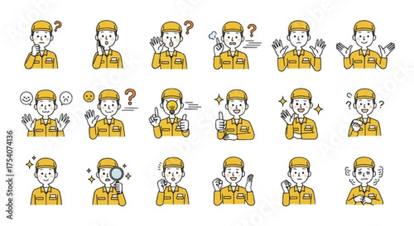 Obraz 帽子を被ったミドル世代の男性作業員の様々な表情アイコンセット