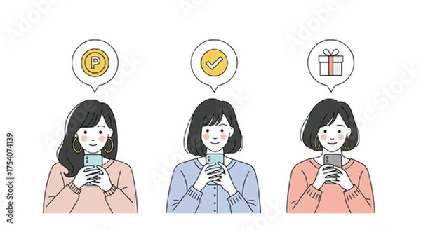 Fototapeta スマートフォンを操作するオシャレな若い女性3人のシンプルなベクターイラストセット