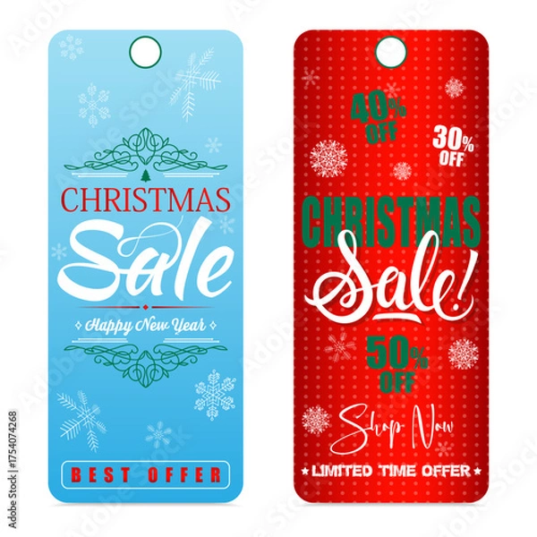 Fototapeta Bright festive Christmas sale tags with red and blue backgrounds, snowflakes, and elegant typography. Holiday discount labels featuring text such as Best Offer, Limited Time Offer, and Happy New Year.