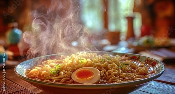 Obraz Steaming bowl of noodles with egg