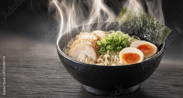 Obraz Steaming bowl of ramen with chicken, egg, and seaweed