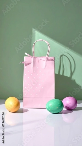 Fototapeta A vertical image showcasing a pink dotted gift bag with three colorful eggs on a white surface