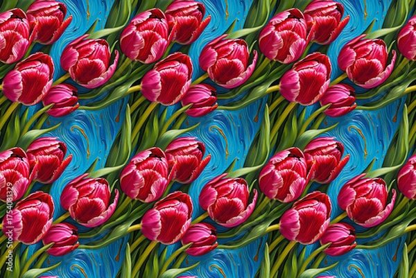 Fototapeta Seamless pattern, oil painting, for gift wrapping for March 8th, a luxurious bouquet of bright, blooming tulips in shades of rich crimson and fuchsia on a blue background