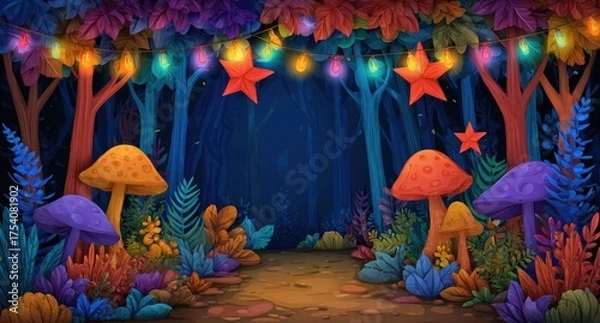 Obraz Enchanted forest path at night, lit by colorful lights