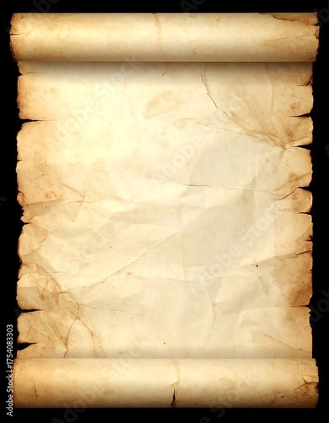 Fototapeta A vertical parchment scroll with aged, rough edges against a stark black backdrop, showing its textures
