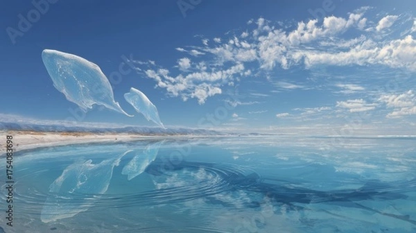 Fototapeta A crystal-clear lake reflects an endless sky, while massive, translucent creatures glide beneath the surface, casting ripples of liquid light.