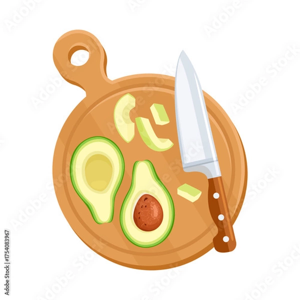 Fototapeta Slicing fresh avocado with knife on wooden cutting board. Vector cartoon flat illustration.