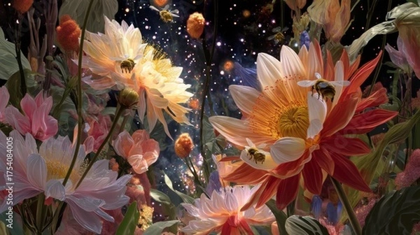 Fototapeta A garden blooms in the void of space, where flowers made of light and nebulae sway gently as celestial bees collect stardust pollen. 