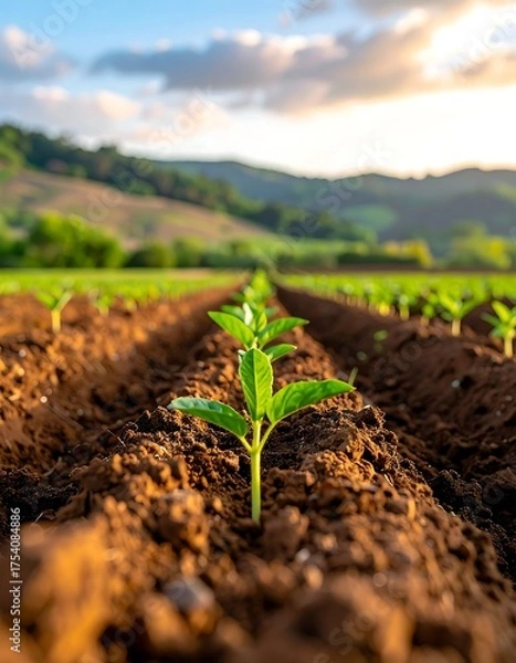 Fototapeta Young plants sprouting in a field, with rolling hills at sunset
