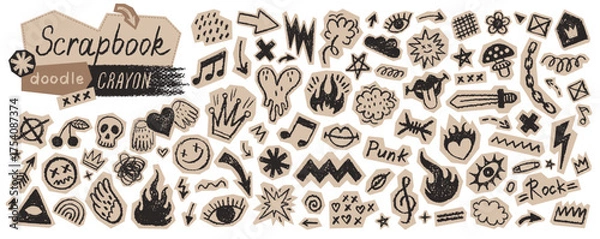 Obraz Rock scrapbook. Punk music doodle cutout collage sticker. Punk rock music icon pattern. Torn paper with scribble tattoo. Shape nub bg. Fire, heart, star, skull. Bold journal hand drawn scrap element