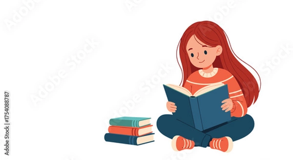 Obraz A young girl engrossed in reading a book with a stack of books beside her.