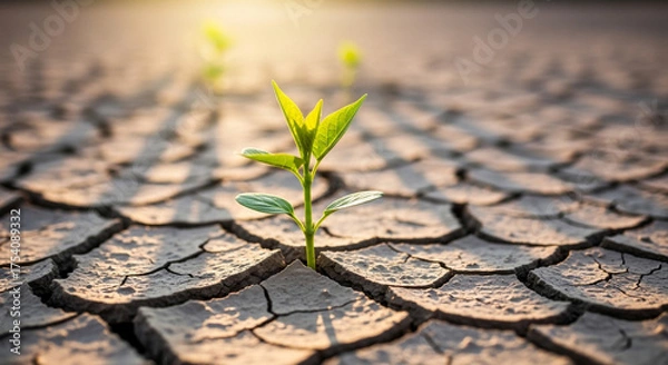 Fototapeta Bright green sprout growing resiliently through cracked dry earth, symbolizing hope and a new beginning, offering optimism and environmental awareness