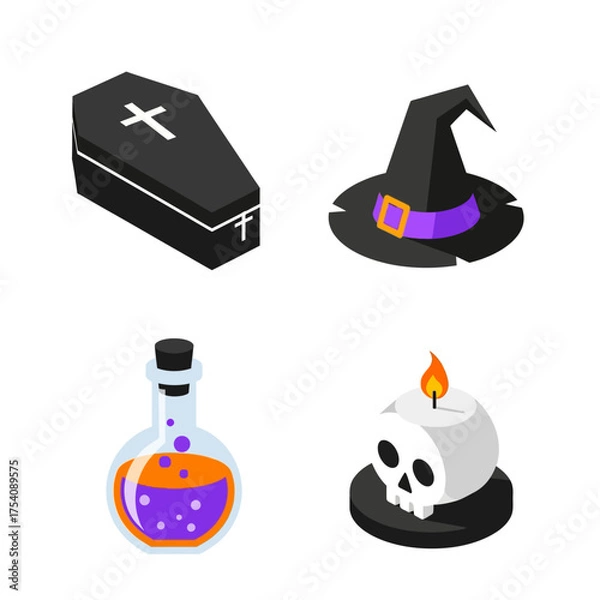Fototapeta Halloween Icons - Coffin, Witch Hat, Potion, and Skull Candle.
