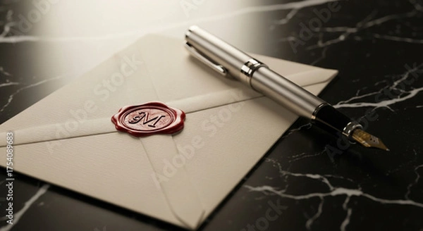 Fototapeta Elegant fountain pen rests on a sealed letter, inviting intrigue and anticipation - perfect for themes of communication, luxury, and classic correspondence.