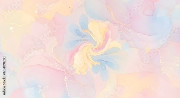 Obraz Abstract, ethereal watercolor with flowing, pastel colors, golden veins, & a swirling floral center