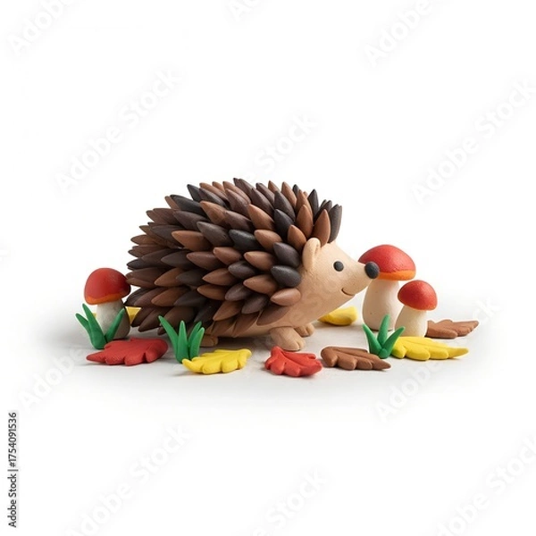 Fototapeta Hedgehog with mushrooms made from plasticine