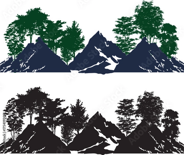 Obraz Mountain or hill With Forest Trees 
 Silhouette Vectors illustration.
