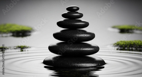 Fototapeta Find your inner peace with this stunning zen stone stack, perfect for mindfulness, meditation, or a calming spa-like atmosphere promoting wellness