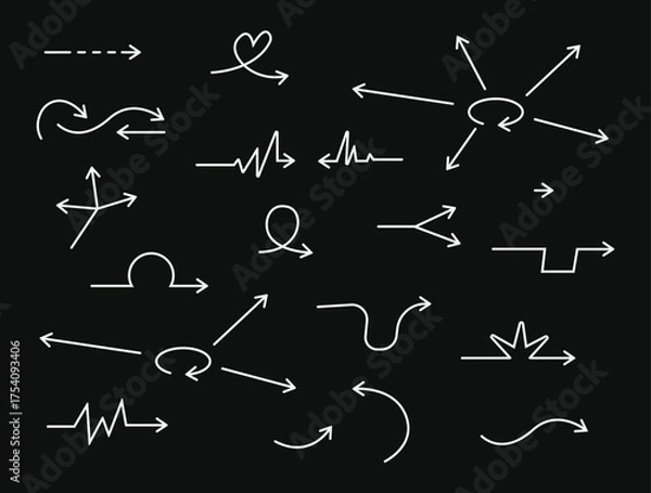 Fototapeta Arrow vector hand drawn sketch icon set. Doodle sketch hand drawn direction element set. Pencil doodle flat line design cartoon elements. Scribble swirl arrow sign. Vector illustration.