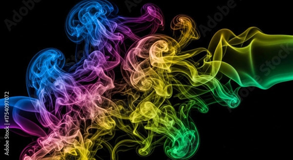 Fototapeta Vibrant rainbow colored smoke wisps dance gracefully against a deep black background, creating a mesmerizing and ethereal abstract flow.