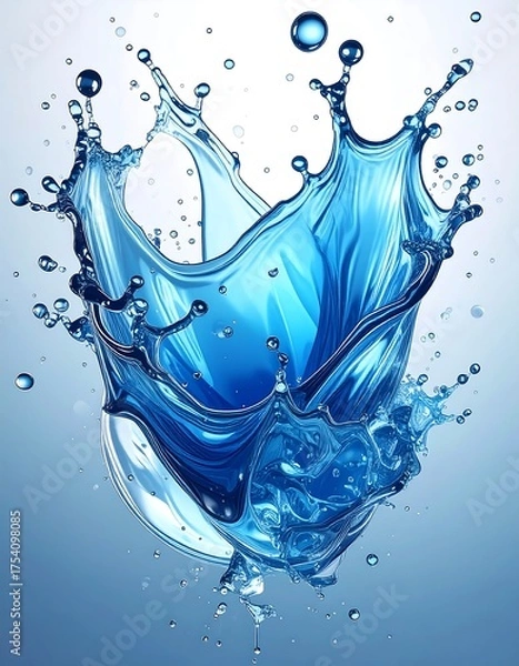 Fototapeta A vibrant 3D rendering of water mid-splash, a blue and white graphic composition