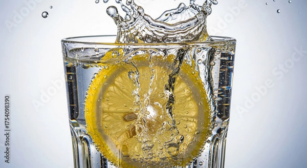 Fototapeta Vibrant lemon slice splashing into clear fizzy water creating refreshing bubbles and dynamic droplets for a cool beverage concept