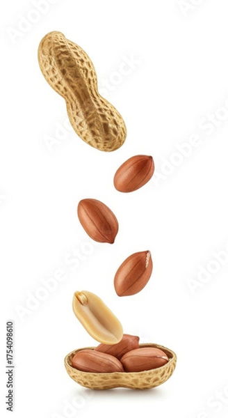 Fototapeta Falling peanuts with shell on white background.