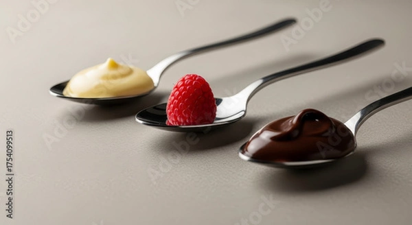 Fototapeta Three spoons with delicious dessert elements.