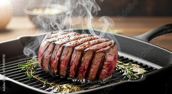 Fototapeta Juicy steak sizzling on a grill pan.