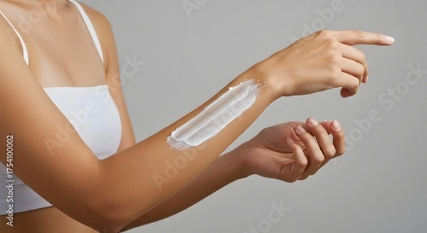 Fototapeta Close up of woman applying moisturizing cream to her arm for healthy skin.
