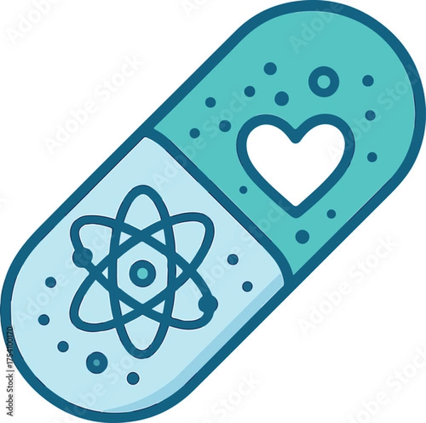 Fototapeta Modern pill icon with heart and atom symbols for health, science, and love, a positive, professional design for wellness and medical fields