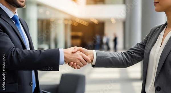 Fototapeta Successful business partners shake hands enthusiastically in a modern office lobby, celebrating a significant deal and professional collaboration.