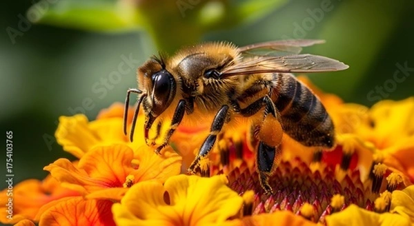 Fototapeta Honeybee Landing on a Vibrant Zinnia Flower Pollination in Action