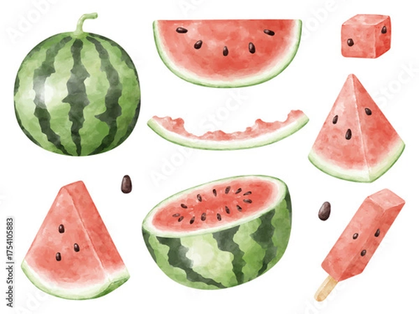 Obraz 水彩画風の色々な形のスイカや種のイラストセット