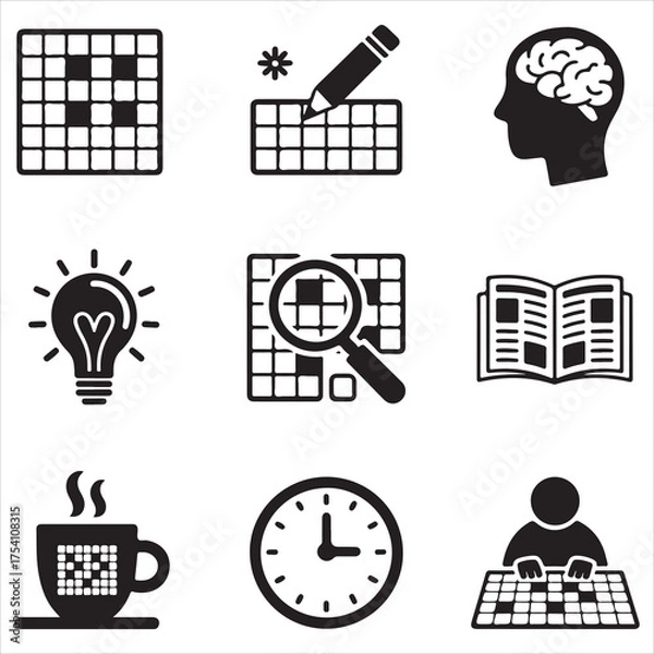 Fototapeta crossword puzzle vector art icons packs silhouette 9 sampol disign black and white backgrount icon set