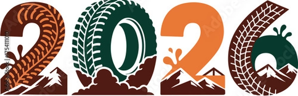 Obraz Rugged Off-Road and Adventure Year 2026 Typography with Tires and Mountains