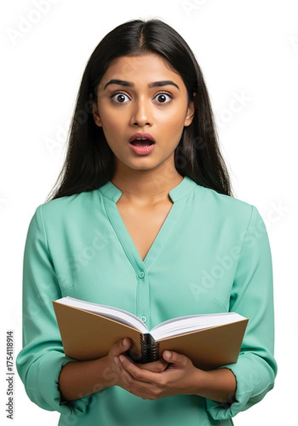 Fototapeta Indian college student holding books and smiling isolated on plain background