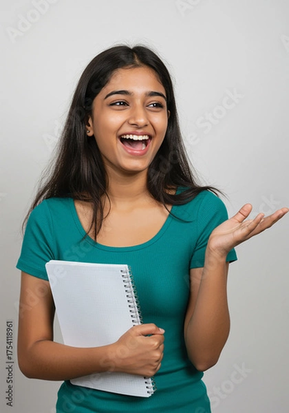 Fototapeta Indian college student holding books and smiling isolated on plain background
