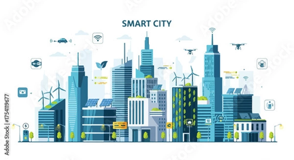 Fototapeta Futuristic smart metropolis illustration showcasing interconnected technologies and sustainable infrastructure initiatives integrated within the