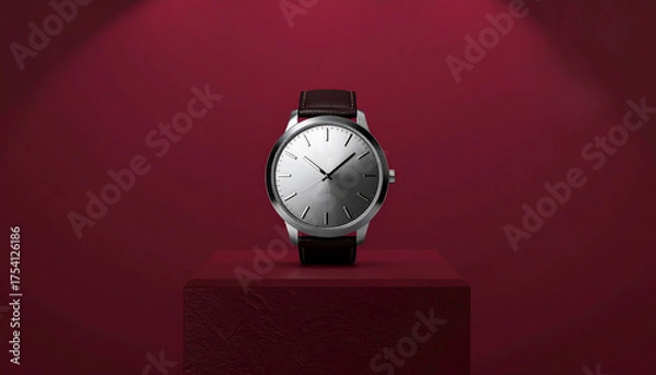 Fototapeta Sophisticated and elegant silver wristwatch with a rich brown leather strap, artfully displayed on a crimson pedestal, embodying timeless style and modern luxury