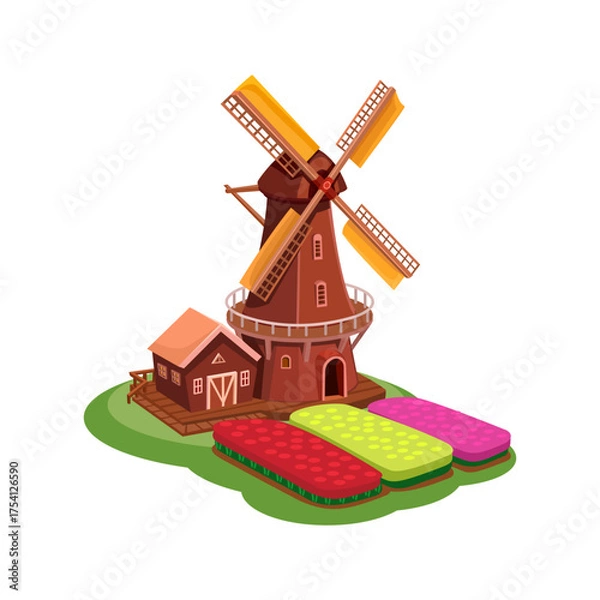 Fototapeta Cartoon Dutch Windmill with Colorful Tulip Fields Vector Illustration