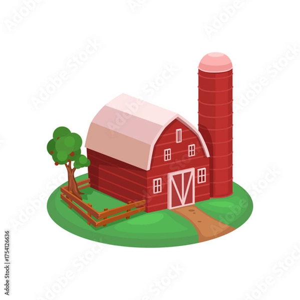 Fototapeta Red Barn with Silo and Tree on a Green Meadow Cartoon Illustration Vector