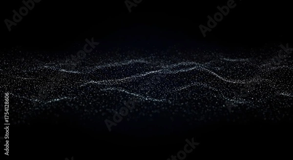 Fototapeta Abstract blue wave of sparkling particles floats against a black background