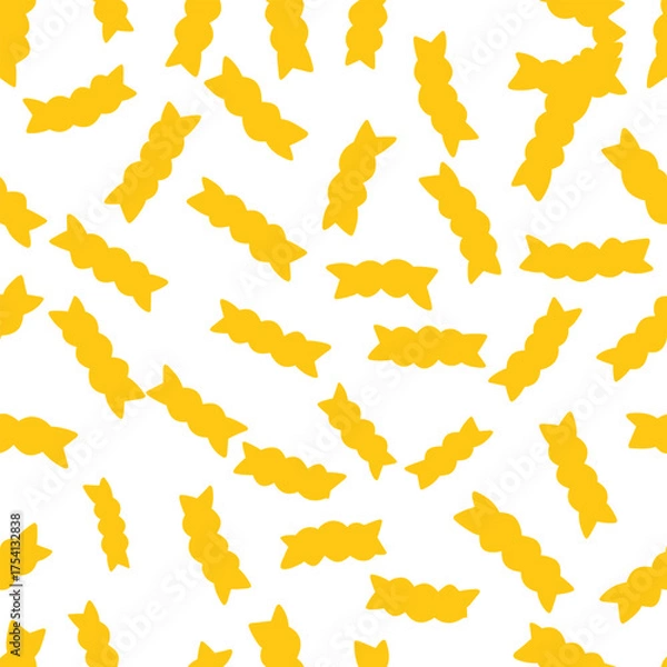 Fototapeta A vibrant yellow pattern of crinkle cut fries scattered across a clean white background creates a playful and appetizing visual effect for food related designs and concepts