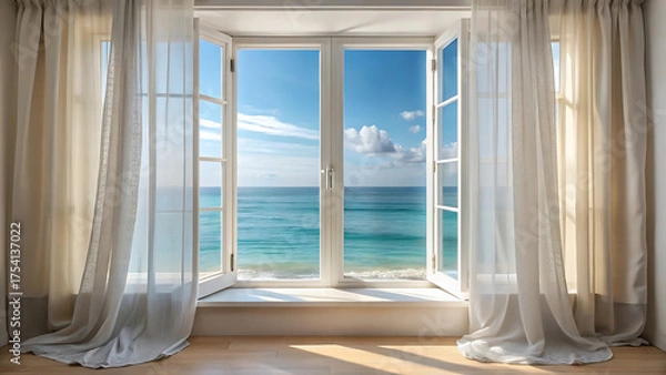 Fototapeta Seaside Serenity: Open Window Overlooking Tranquil Ocean View, Light Airy Curtains, and Bright Sunny Sky, Capturing Coastal Beauty and Relaxation